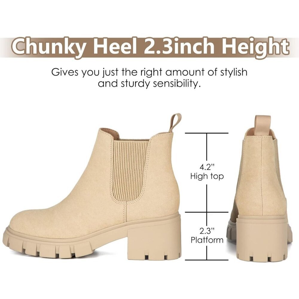 Athlefit Women's Apricot Faux Leather  Lug Sole Chunky Heel Slip on Chelsea Boot - Picture 3 of 6